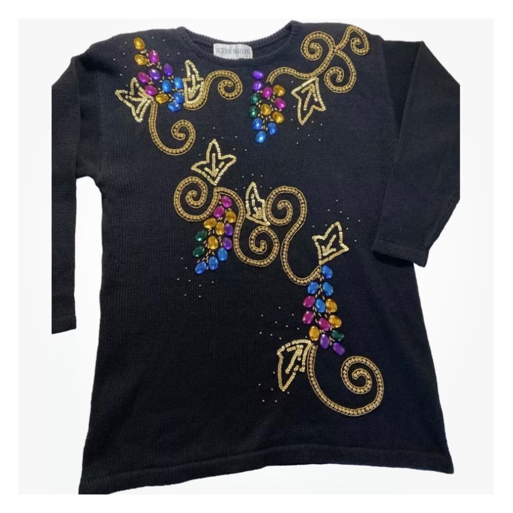 Vintage Victoria Harbour Black Sweater Size M 80s Jewel Embellished Beaded Tunic